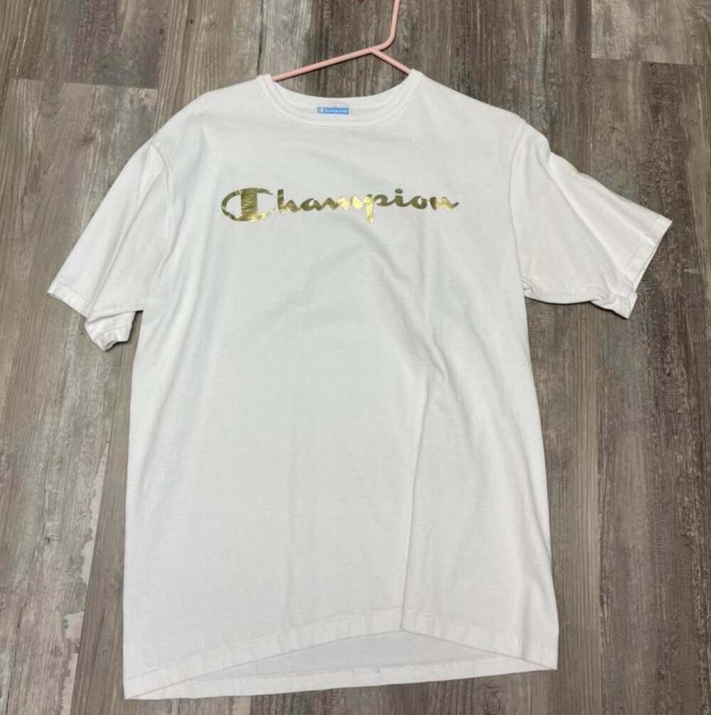 Champion White Gold Logo Graphic T-Shirt Size Medium